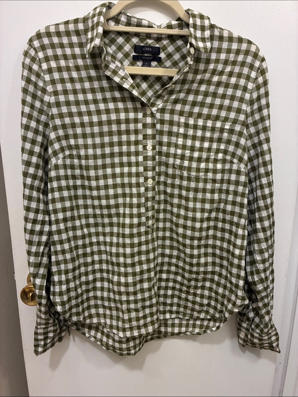 J. Crew Olive Green and White Gingham Button-Down Shirt